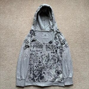 Disney Princess Zip Up Hoodie Grey Rhinestone Y2K Style‎ Fairy Glam Grunge Large